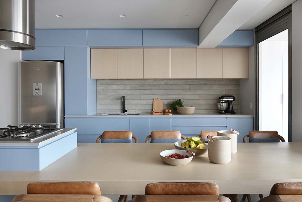 Modern neutral palette kitchen | Modern light blue kitchen cabinets
