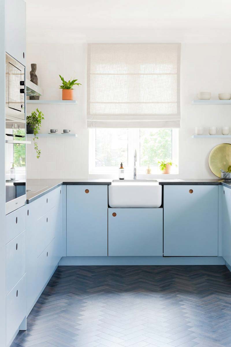U-shaped kitchen with light blue cabinets | Modern light blue kitchen renovation inspiration | Baby blue light blue kitchen cabinets