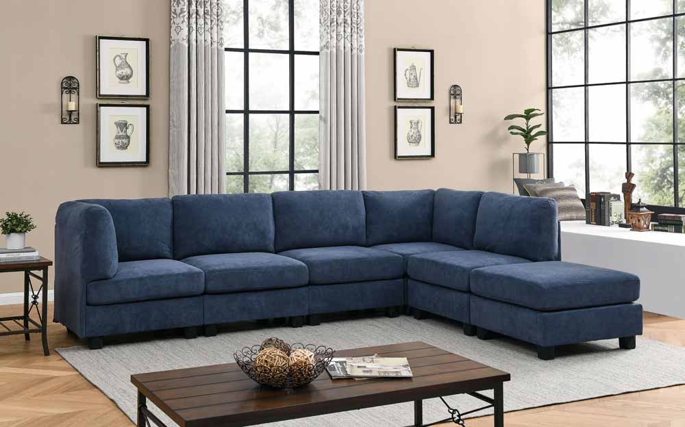 Large corner sectional sofa for sale | Comfy Blue Polyester L-shaped couch for living room or family room