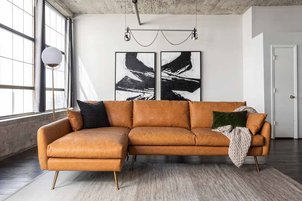 Leather L-shaped sectional sofa | leather L-shaped couch for sale - also available in Velvet and Boucle 