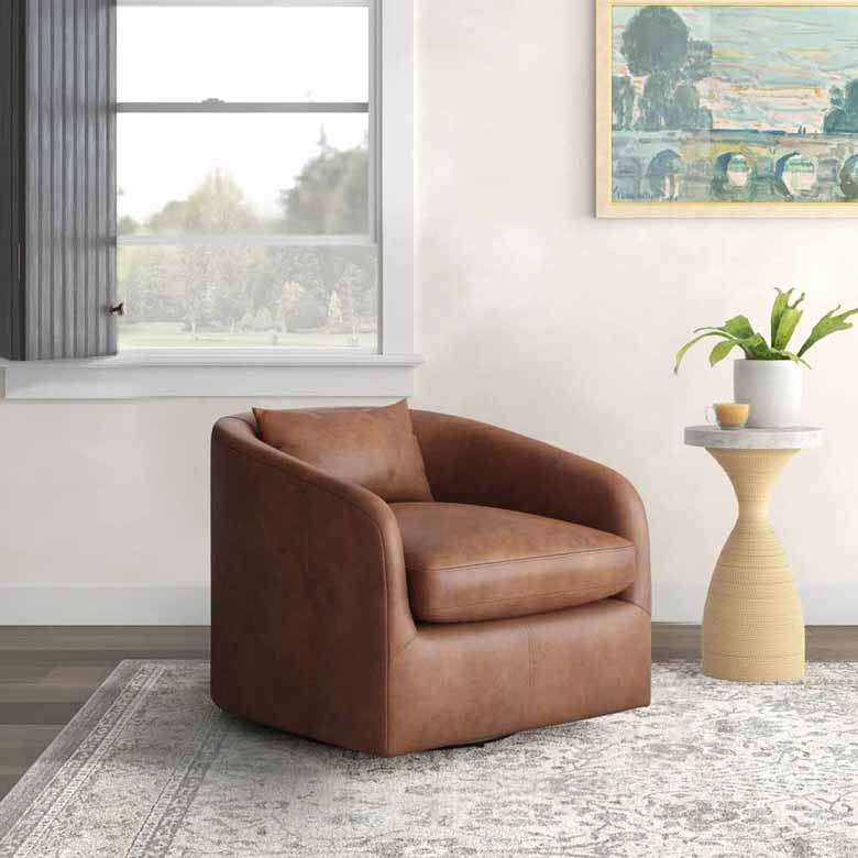 Brown Genuine Leather Swivel Armchair For Sale - perfect for modern living room or home office