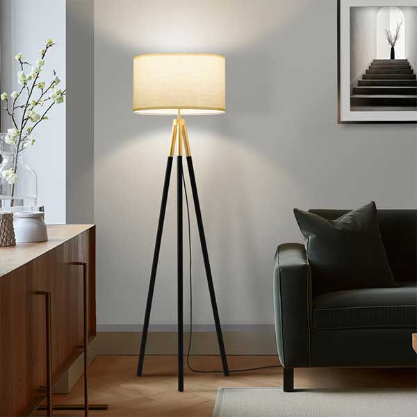 Levi 61 in. Mid Century Modern Tripod Floor Lamp with Fabric Drum Shade and Gold Finish