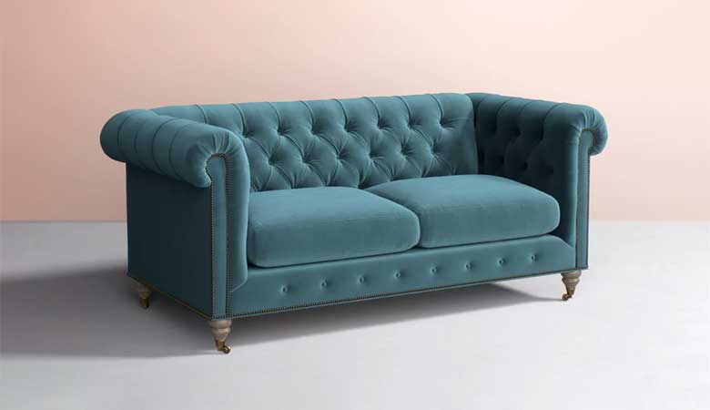 Lyre Light Blue Velvet Chesterfield Two-Cushion Sofa
