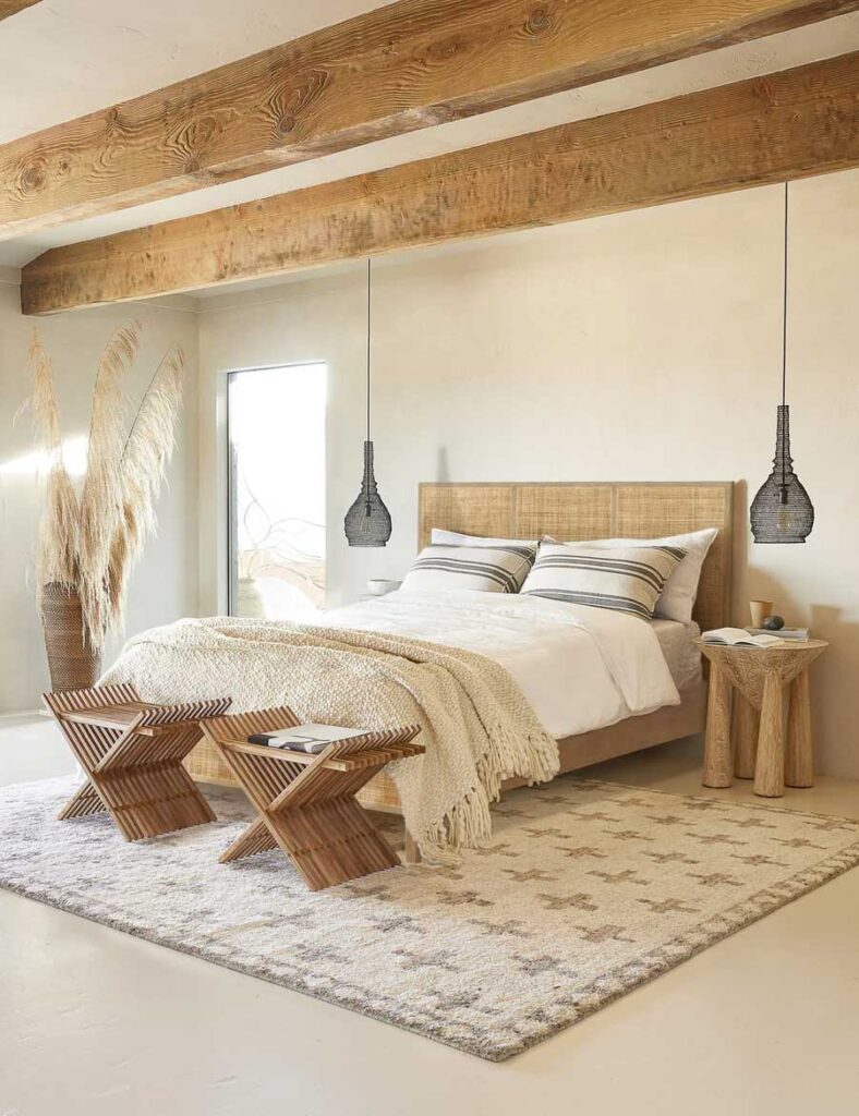 Light wood cane bed frame for a luxurious bedroom