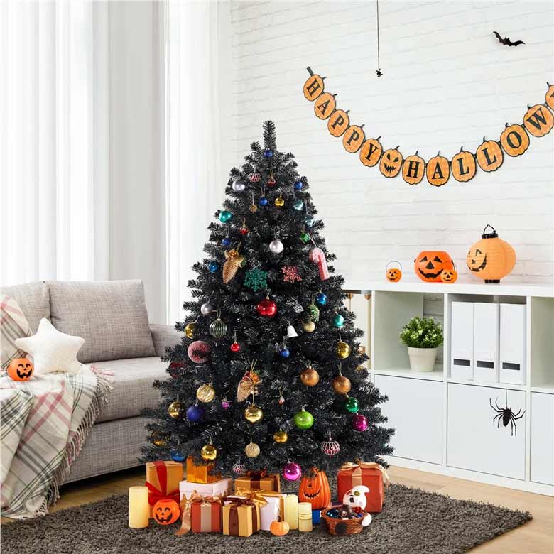 Easy Set-Up Lighted Artificial Spruce Christmas Tree | Black Xmas tree for Halloween or Christmas 