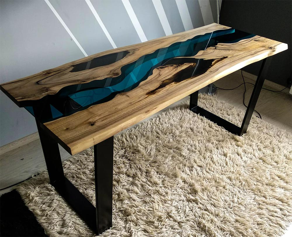 Live edge walnut river table with smoked black epoxy resin