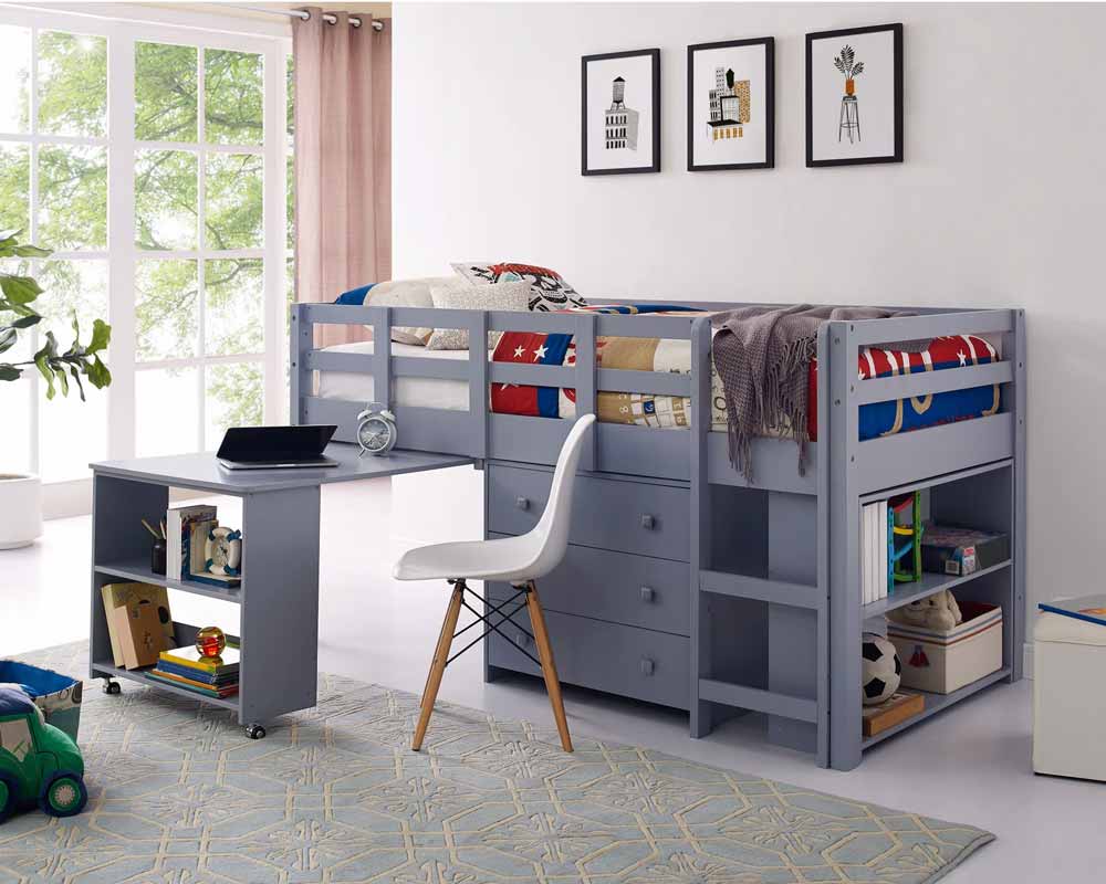 Loft bed with pull-out desk and bookshelf for kids