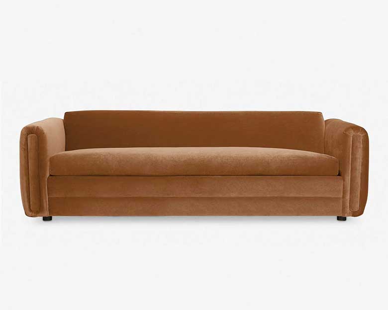 Long deep seat rust velvet sofa for sale