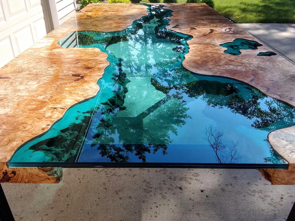 Big leaf maple burl glass river table for sale