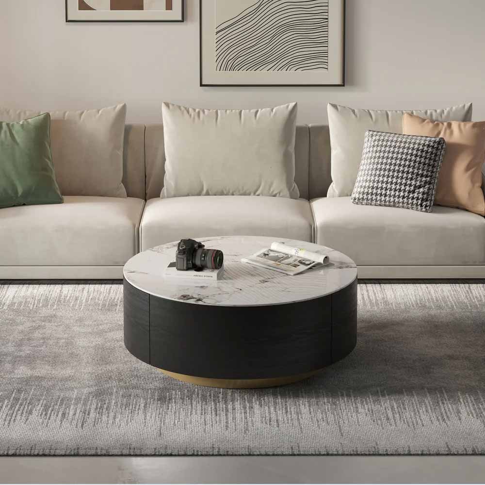 Modern Marble Round Coffee Table with Metal Base and Storage Drawers