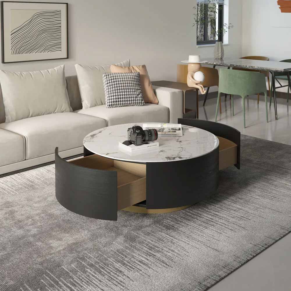 White & Black Marble Round Coffee Table with Metal Base and Drawers