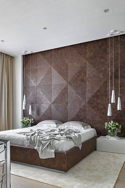 Fantastic master bedroom design in modern, sophisticated apartment in Moscow, Russia