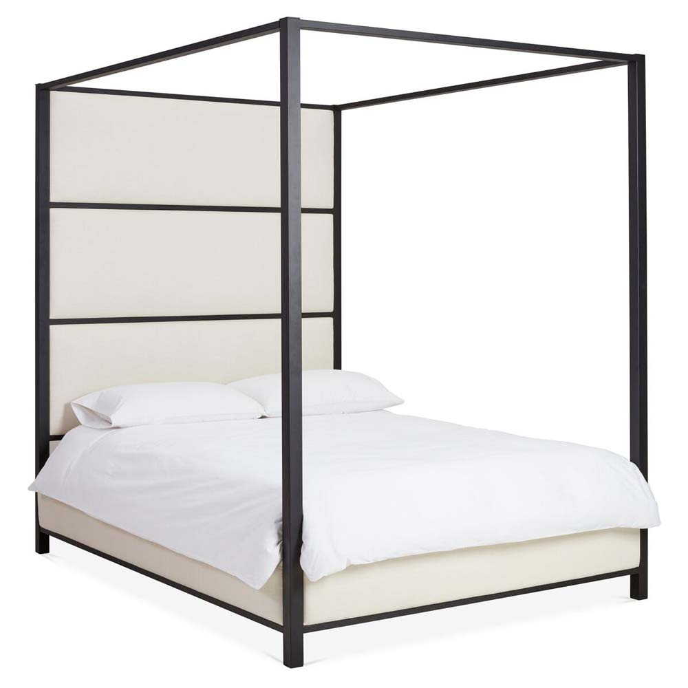 Matte Black/Ivory Linen Canopy Bed - black canopy bed with paneled linen headboard