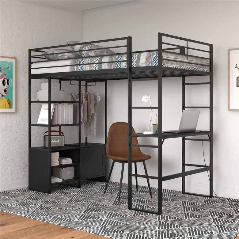 Twin Metal Storage Loft Bed with Desk, Shelves, Cabinet and USB Port - available in Black and Gray