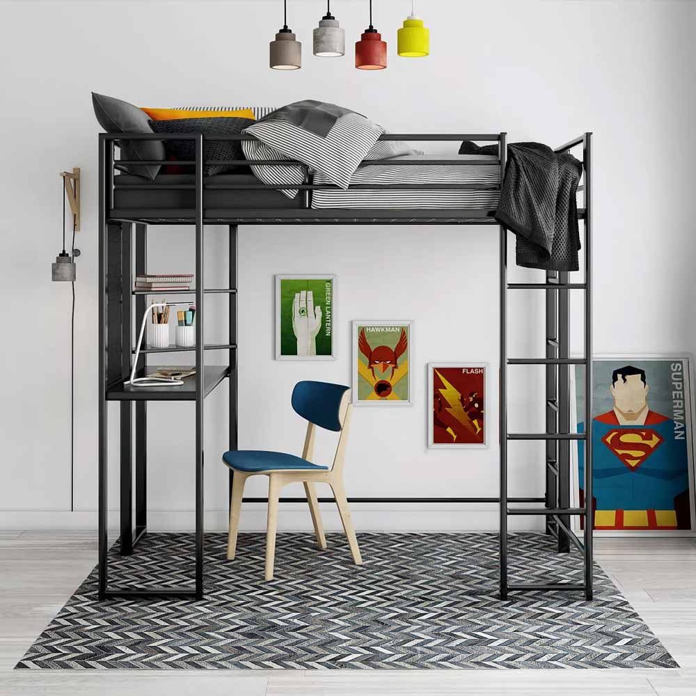 Modern metal loft bed with desk for sale - available in Black, White, Silver