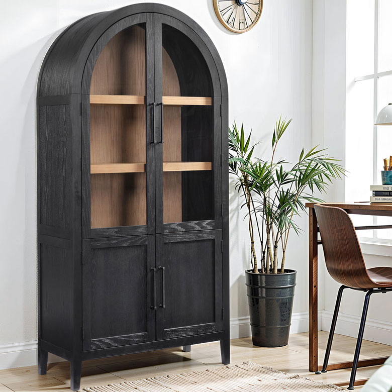 Mid-century arched display cabinet with glass doors and three shelves