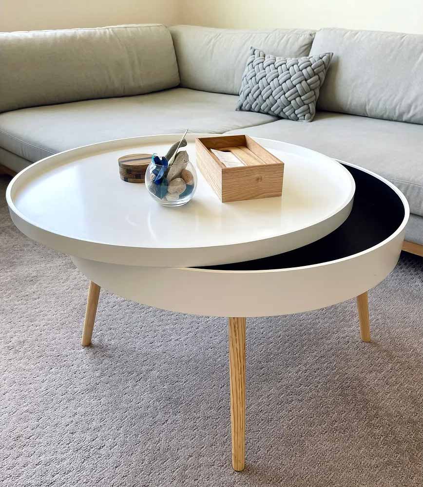 Mid-century modern round coffee table with storage - perfect for Modern or Scandinavian living room decor  