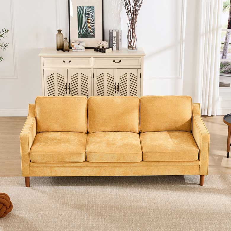 Modern bright yellow sofa with chenille upholstery and tapered legs for sale
