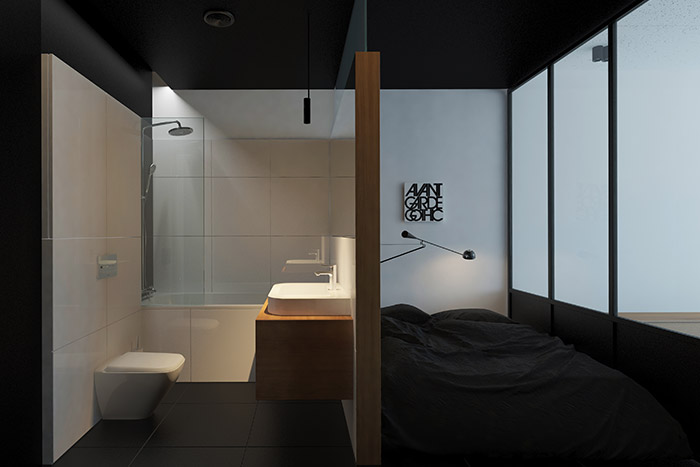 Small bedroom design and decor idea next to modern bathroom in a minimalist apartment in Ukraine