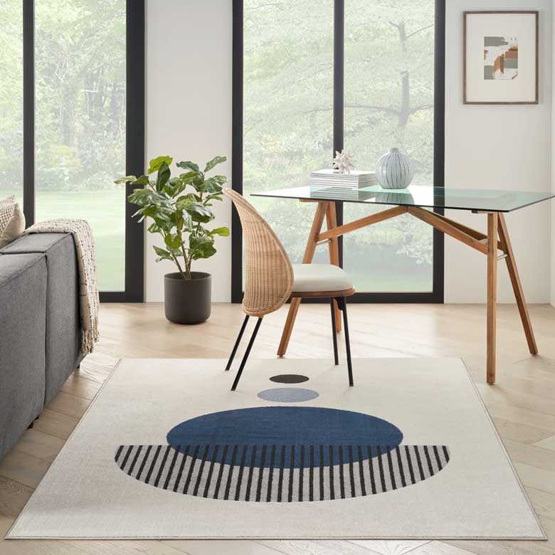Modern stain-resistant minimalist geometric rug made from from 100% polypropylene - Cream/Black/Blue Rug