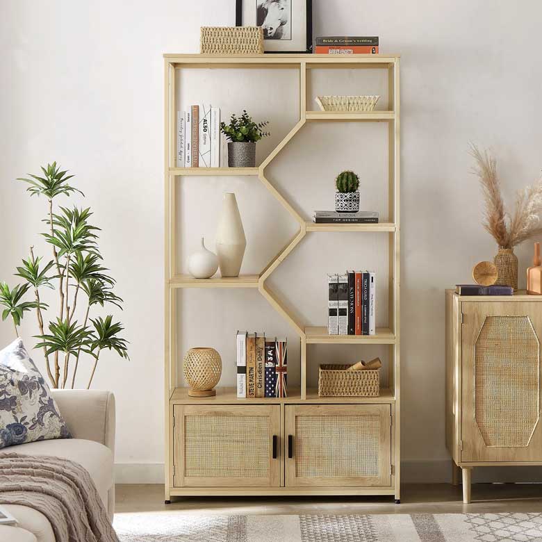 Modern rattan bookshelf with 7 open shelves and hidden storage, perfect for living room