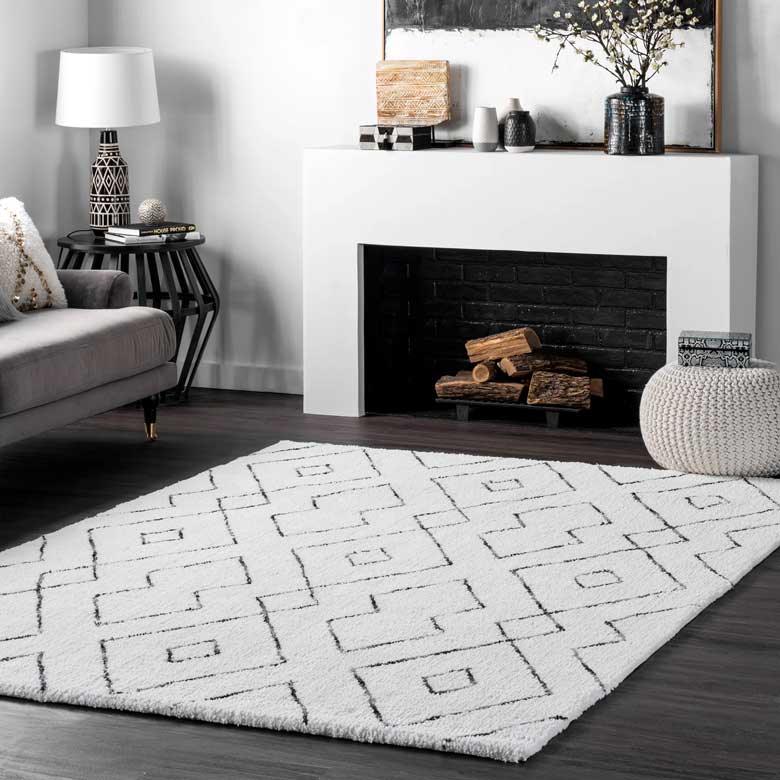 Modern area rug, showcasing a geometric diamond motif in neutral black and white hues