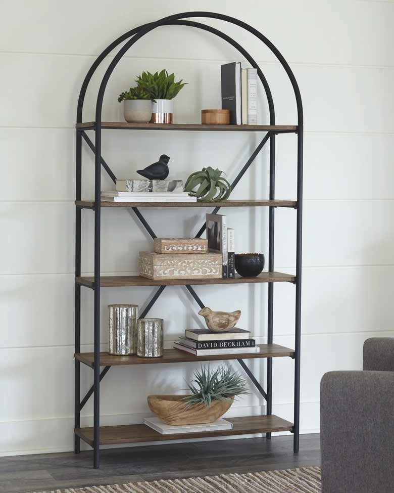 Modern black arched bookshelf with five wooden shelves and steel frame