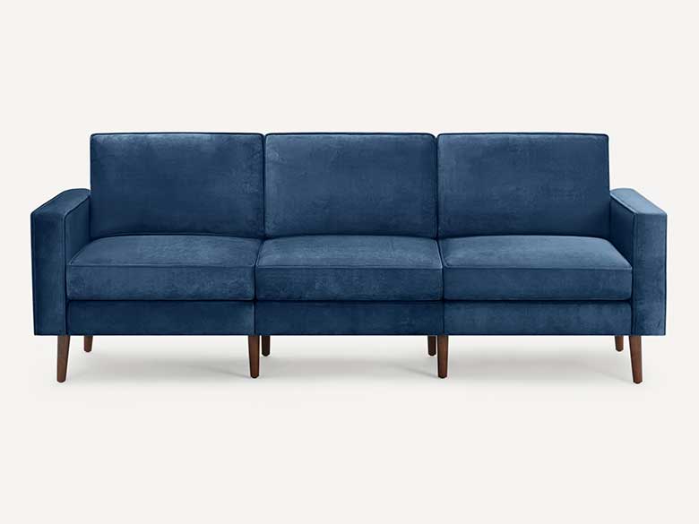 Modern blue velvet couch with built-in USB charger