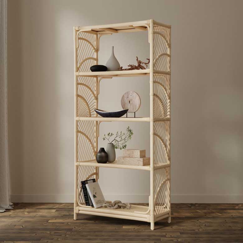 Modern boho rattan bookcase with four shelves for sale