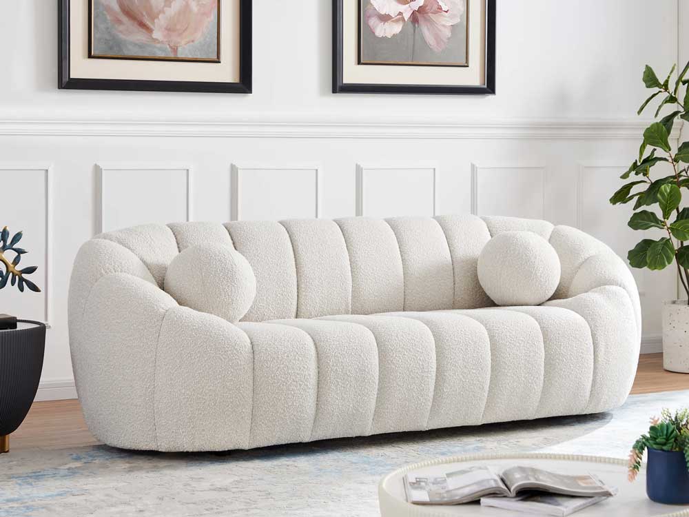 Modern boucle sofa with pillows | Arched boucle couch