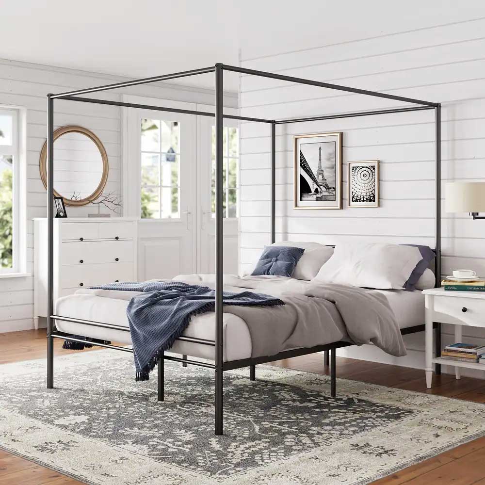 Modern Canopy Bed | Black Metal Canopy Platform Bed Frame