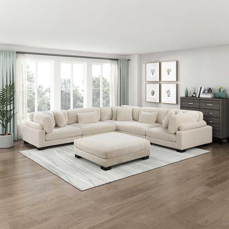 Mid-century modern L-shaped modular sectional couch | Comfortable and luxurious corduroy upholstered sectional