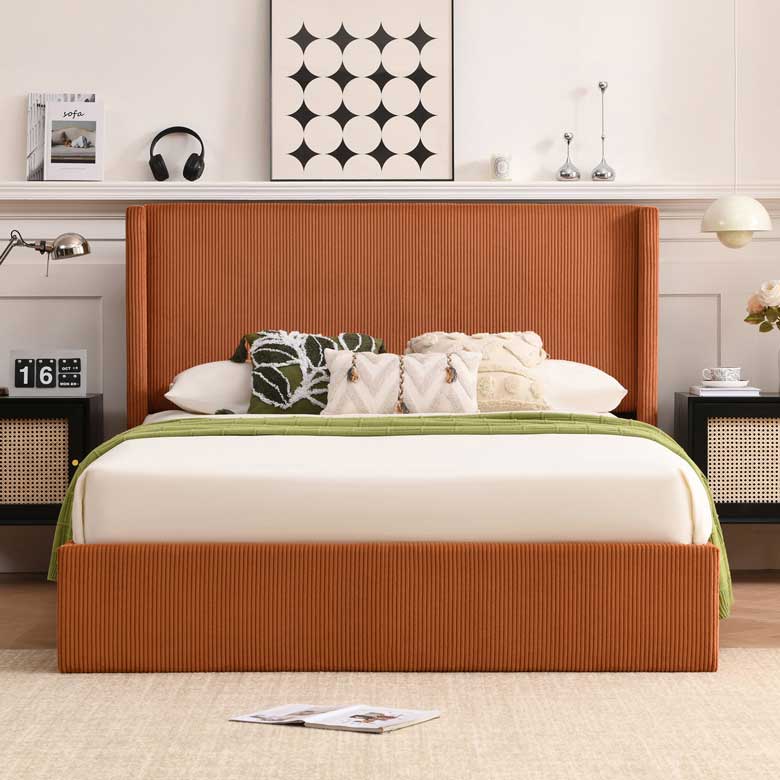 Modern Orange Corduroy Upholstered Wingback Bed with Storage, perfect for bedroom or kids' room, available in Queen and Full sizes