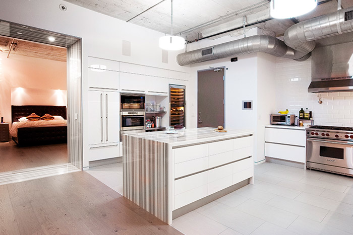 Modern industrial looking kitchen in downtown Los Angeles twin loft 