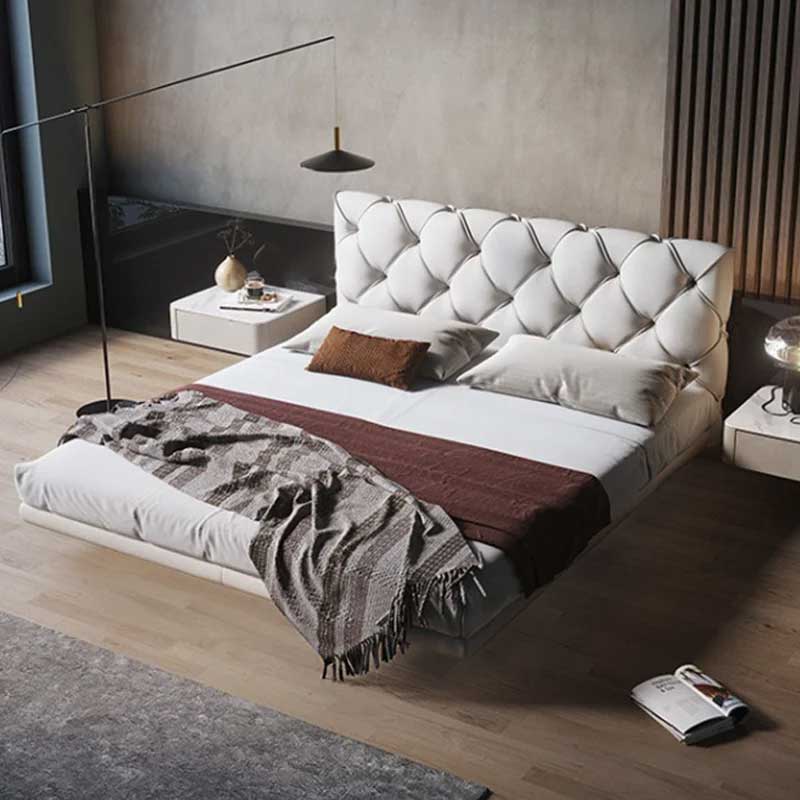 Modern King Floating Bed with Microfiber Upholstery Tufted Headboard