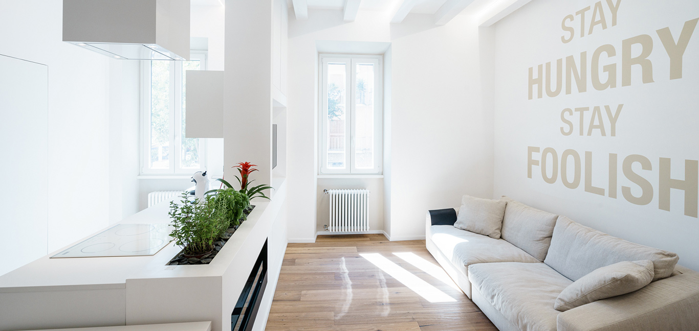 Minimalist apartment with all-white open-space interior in Rome, Italy by Brain Factory - Architecture & Design