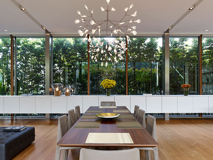 Modern living room design in gorgeous contemporary home inspired by traditional Japanes courtyard house