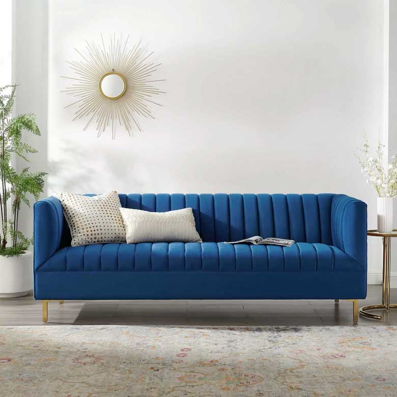 Modern navy velvat sofa with gold stainless steel legs |  Blue tuxedo sofa for sale 