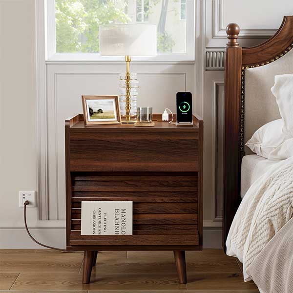 Modern 2-Drawer Nightstand With Outlets & LED Light - walnut