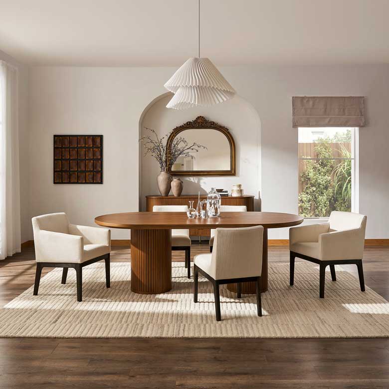 Modern oval dining table  with tamboured design - sits 6 people