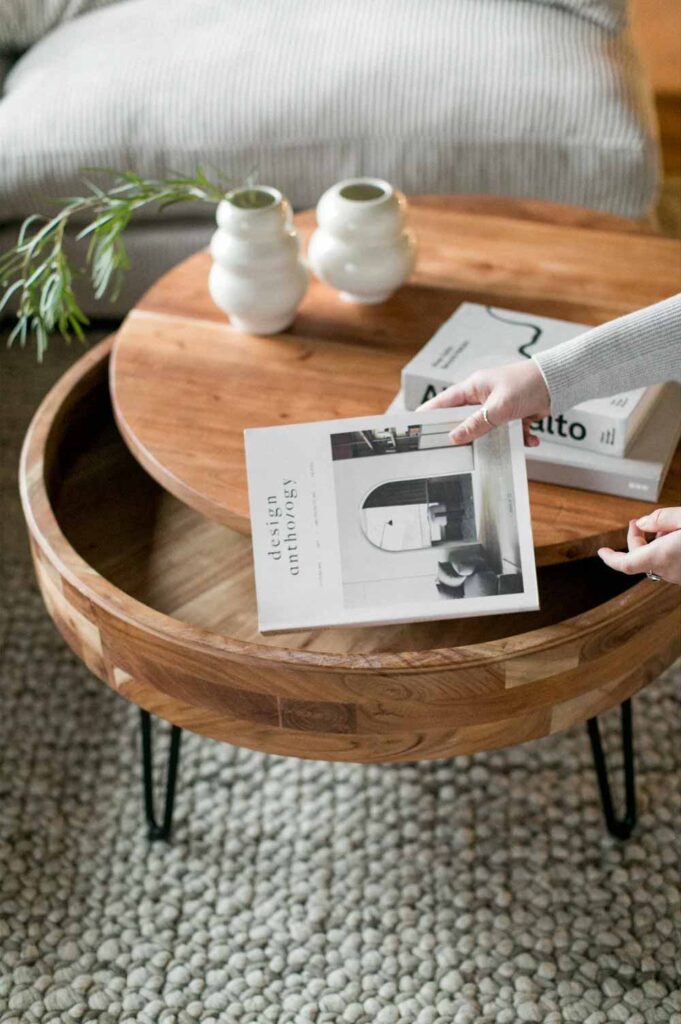 Modern round coffee table with storage for sale