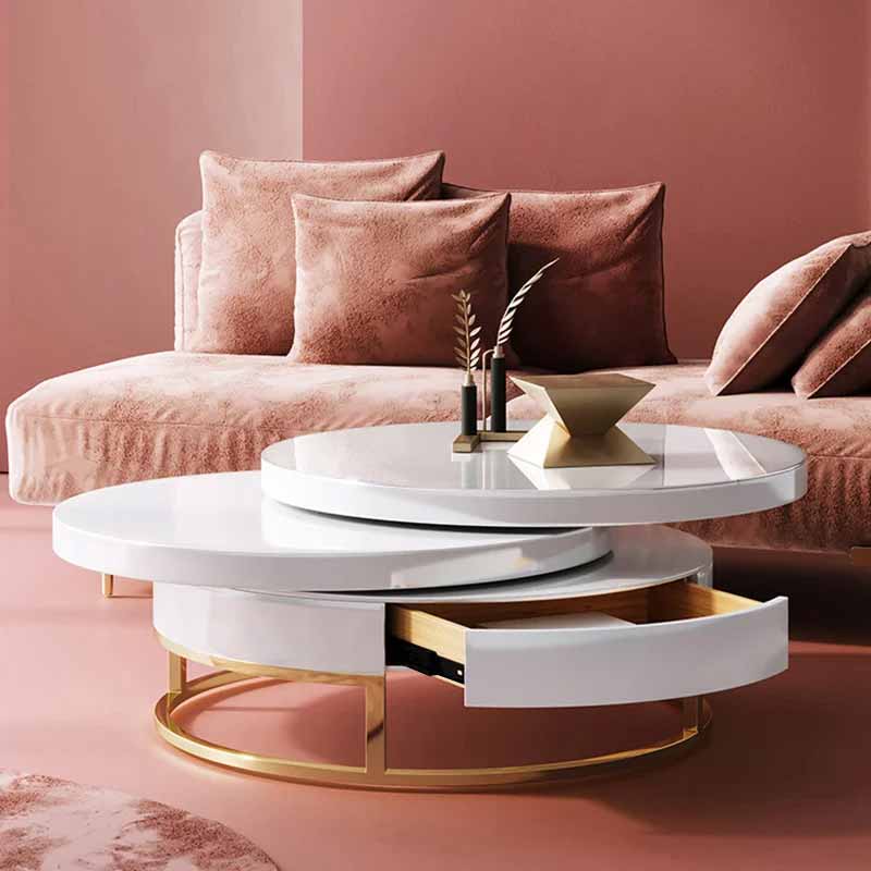 Swivel round coffee table with storage drawer - available in white, black and gray