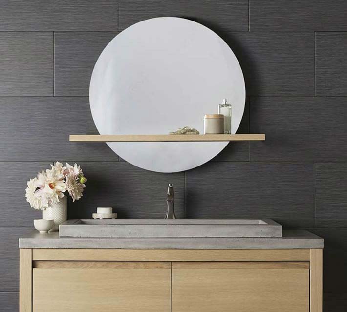 Modern round mirror with detachable shelf for storage