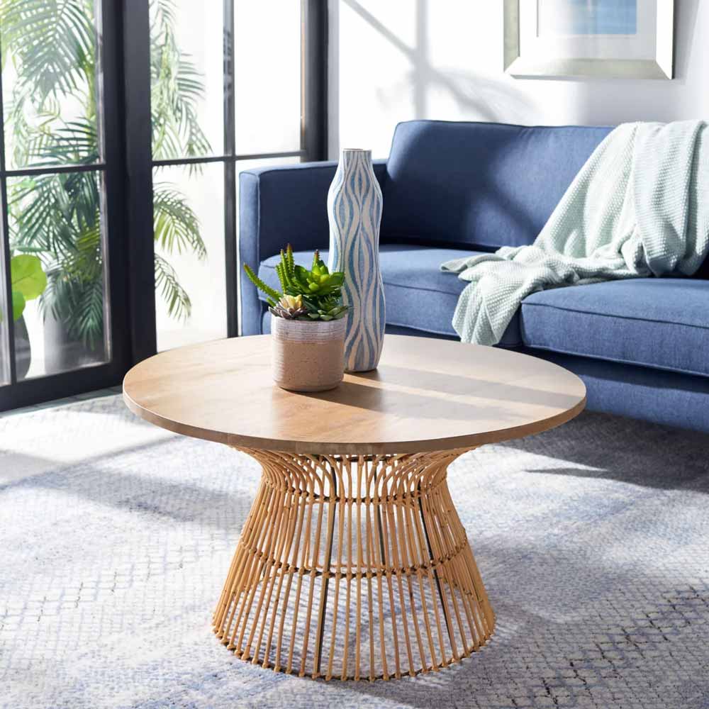 Modern round rattan coffee table for living room with natural mango wood top