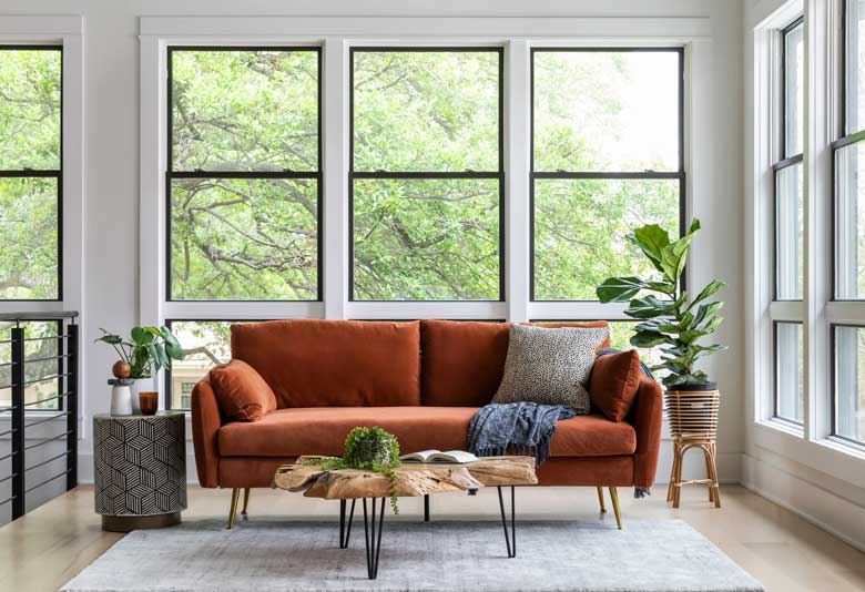 Modern rust velvet sofa for sale, perfect for chic, stylish living rooms