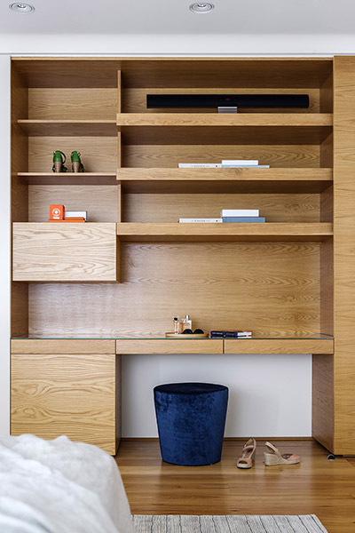 Modern shelves inside bedroom of renovated Australian home