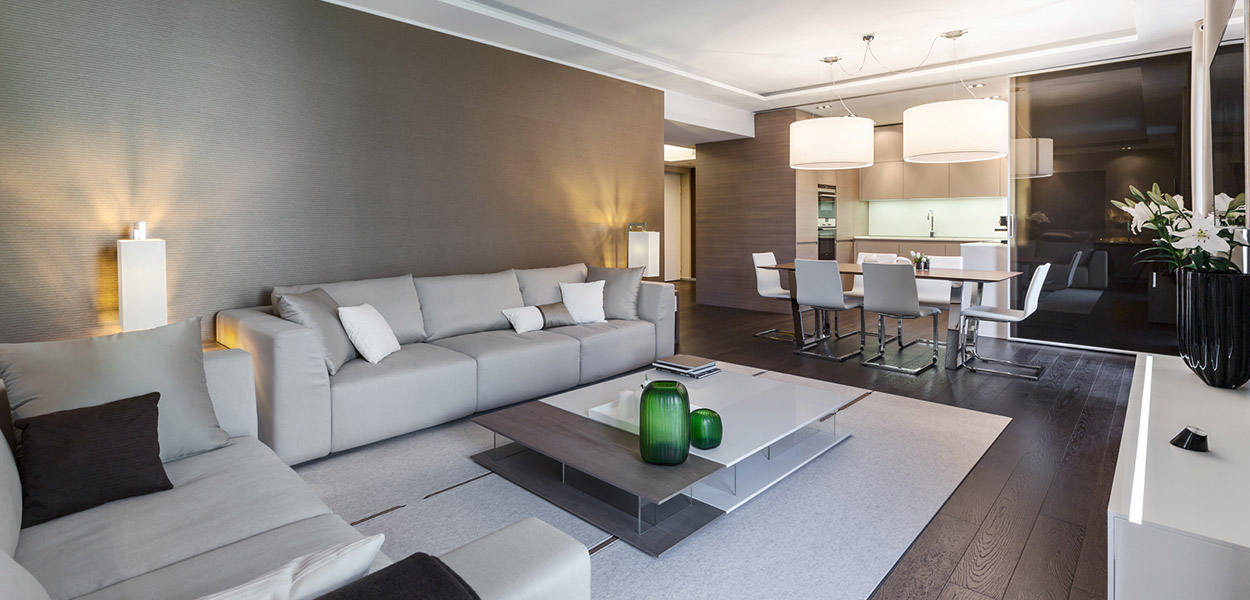 Modern, spacious living room in Cap d'Ail apartment near Monaco, for relaxing summer holidays on the French Riviera