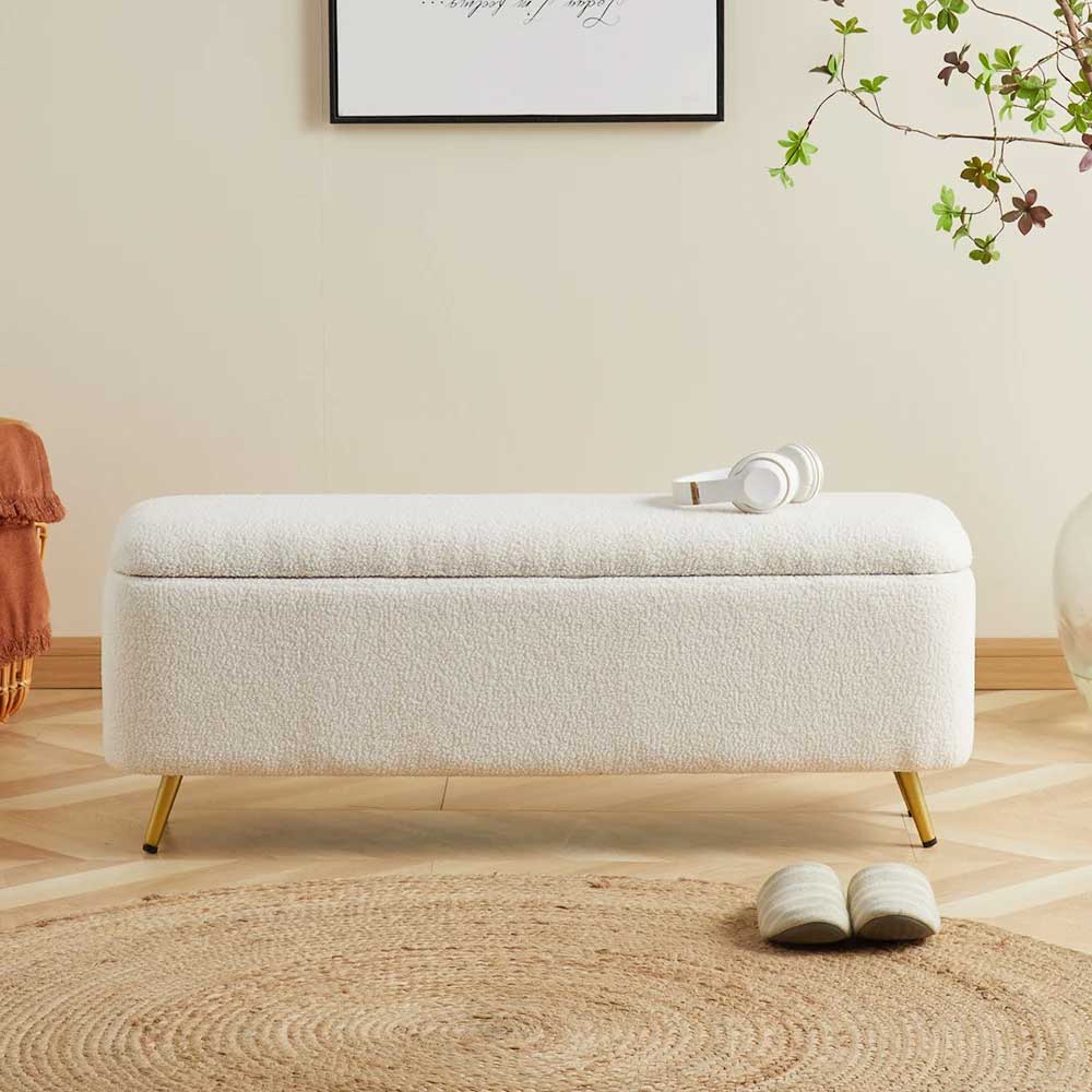 Modern Bedroom White Boucle Bench Upholstered Ottoman with Storage & Gold Legs 