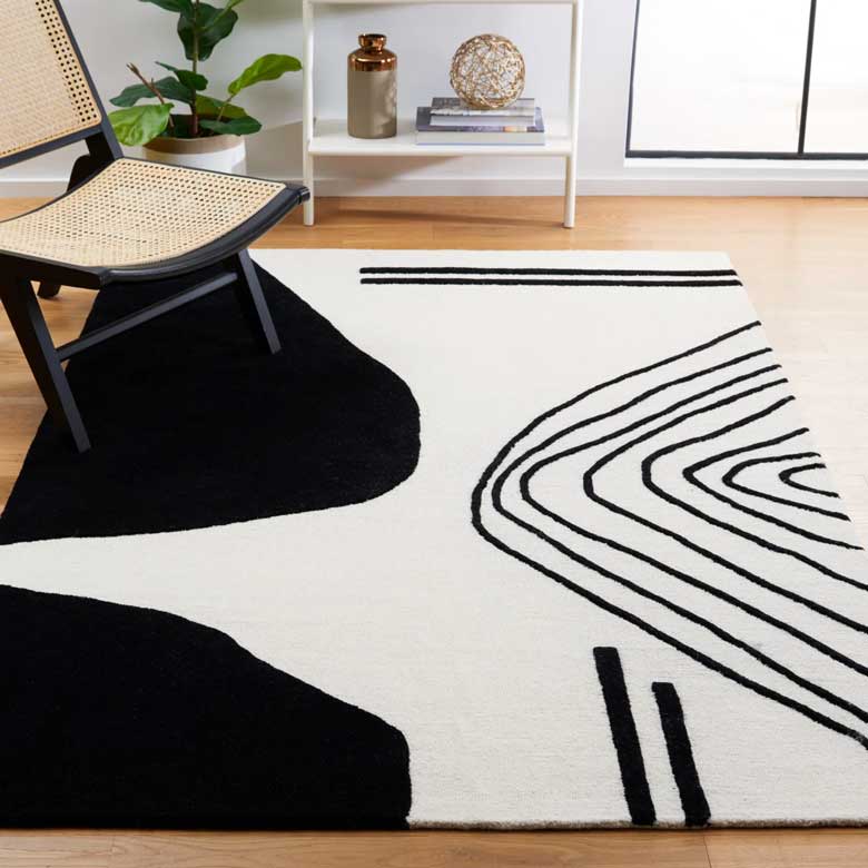 Modern wool handmade black and white rug for sale