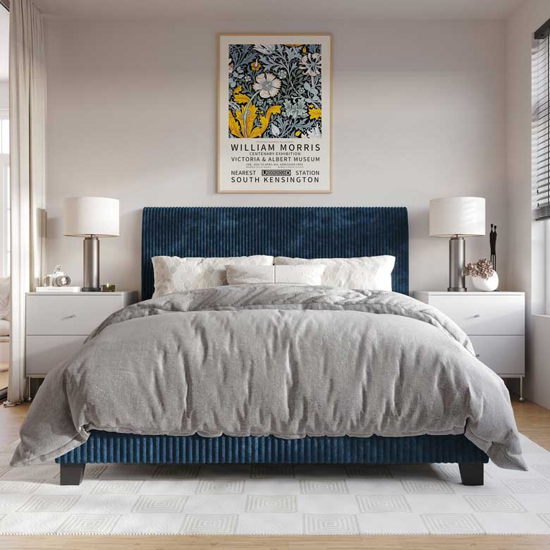 Navy blue corduroy bed - modern bed perfect for master bedroom, guestroom o kids' room available in four sizes: Full, Twin, Queen and King